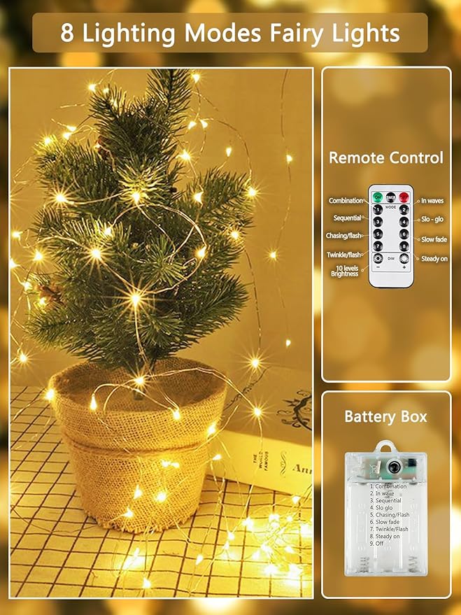6 Pack Fairy Lights Battery Operated with Remote Control Timer, 26 FT 80 LED String Lights Outdoor Indoor, 8 Mode Twinkle Lights for Christmas Party Wedding Birthday Bedroom Decorations (Warm White)