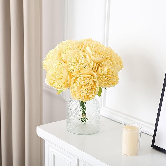 U'Artlines 10 Heads Artificial Peony Silk Flower Leaf Home Office Wedding Party Festival Bar Decor (Yellow)