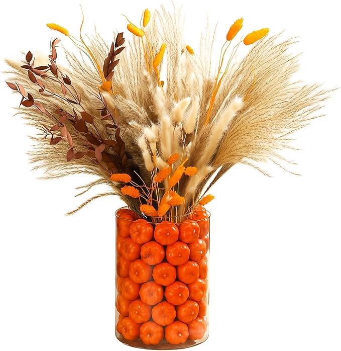Fall Decor for Home Fall Vase with Boho Flowers Mini Pumpkin Vase Filler Set Rustic Thanksgiving Farmhouse Autumn Decorations Pampas Grass Dried Flower Pumpkin Centerpieces for Tables