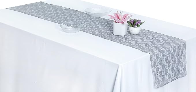 MDS Pack of 25 Wedding 12 x 108 inches Lace Table Runner for Wedding, Decorations for Birthday Parties, Banquets, Graduations, Engagements, and Runners fit Rectangle, Round Table- Silver Gray