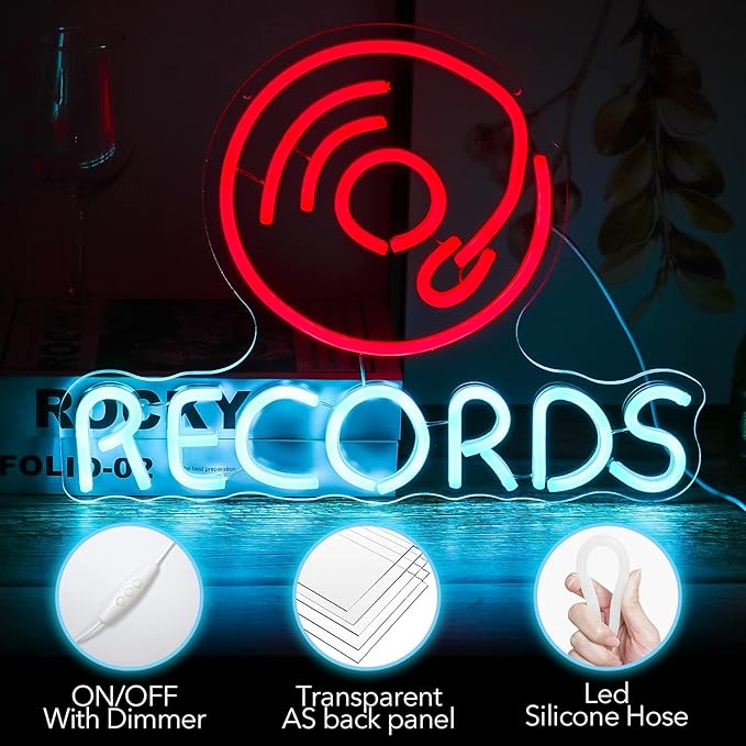 Vinyl Records Neon Sign, Neon Lights For Wall Decor, Funky Music Led Wall Decor, Aesthetic Grunge Neon Sign Room Decor -Energize Your Space With Magical Ambiance（16.5 X 12.6 inch）