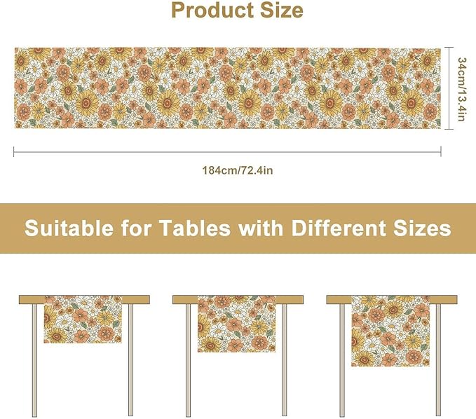 Vintage Floral Table Runner,Boho 70s Style Retro Daisies Flower Table Runner for Kitchen Dining Table Home Party Decoration 13x72 Inch
