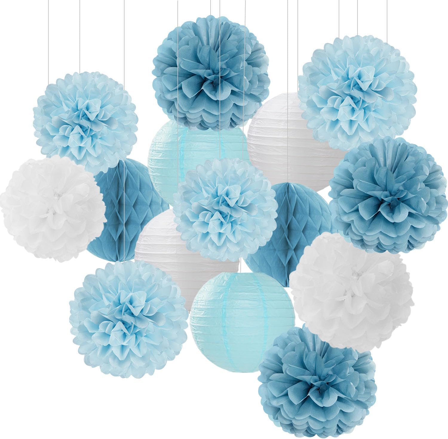 Dusty-Blue White Party-Decorations Paper-Flowers Lanterns - 15pcs Birthday Baby Bridal Shower Tissue Pom Poms Streamers Honeycomb, Boy Men Wedding Bachelorette Hanging Supplies Decor Hugfond