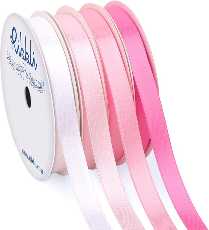 Ribbli Pink Satin Ribbon 3/8 Inch x 4 Rolls Total 40 Yards- White Pink Ribbon for Gift Wrapping Craft Wedding Decoration