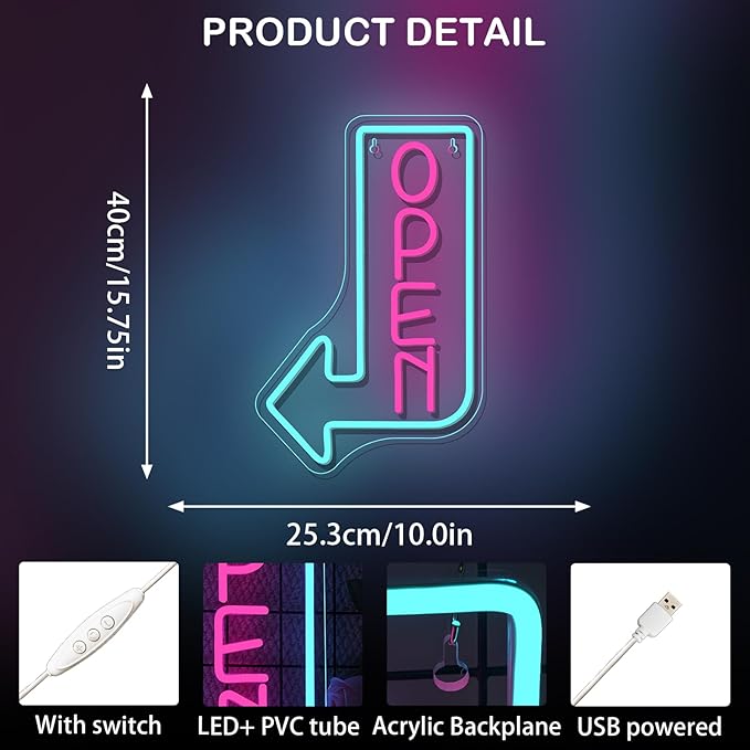 Looklight Blue Open Arrow Neon Sign Dimmale Neon Lights For Wall Decor Led Lights For Bars Stores Coffee Shop Hotel Window Outdoor Decor USB Powered 10 x15.75in