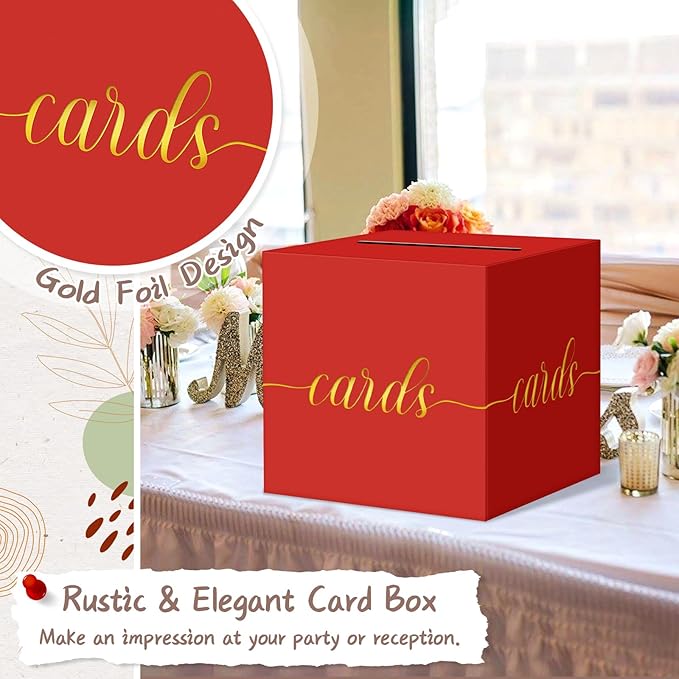 QIKSION Red Graduation Card Box, Gold Foil Gift Card Box for Graduation, Party, Wedding Reception, Birthday, Baby Shower, Raffle