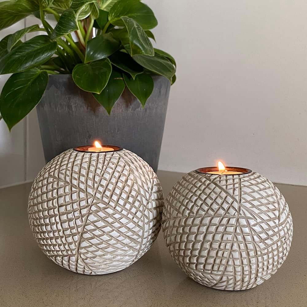 Luca Beige Orb Tea Light Candle Holders, Gift Boxed Set of 2 | Beige and white grid-pattern orbs for coffee table, console, entryway, mantel, dining centerpiece; coastal, modern, farmhouse