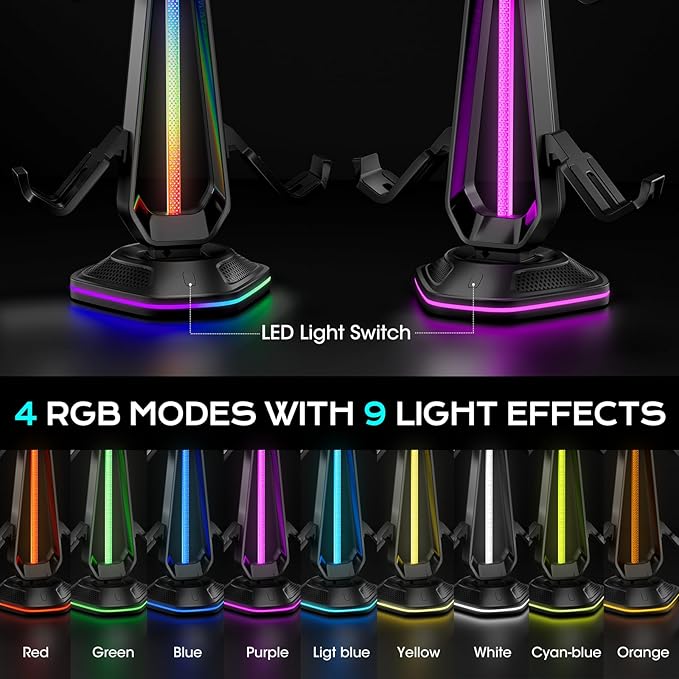 Saitake RGB Headset Stand with 9 Light Modes,Controller Holder for Desk with 2 USB Charging Ports,Suitable for All Headphones and Controllers,Can Simultaneously Place 1 Headset and 4 Controllers