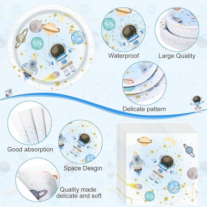 452 Pcs Space Themed Party Decorations for 50, Blue Space Astronaut Paper Plates Napkins Cups Tablecloth Cutlery Straws for First Trip Around The Sun Planet Birthday Baby Shower Party Supply