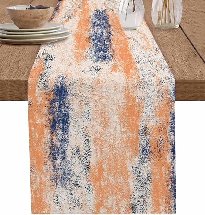 Vintage Oil Painted Cotton Linen Table Runner for Dining Kitchen, Wedding Outdoor Party Tablerunners Decoration, Abstract Modern Orange Minimalist Dresser Scarf Coffee Tablecloth Runners 13x60 Inches