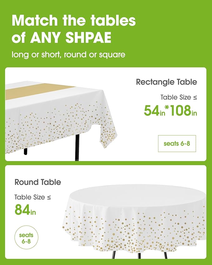 Pureegg Plastic Table Cloth Disposable 10 Pack, 54 x 108 Inch, Table Runner Style, Graduation Decorations 2025, Party Tablecloths, Rectangle, Plastic Cover, Leakproof & Sturdy, White Gold