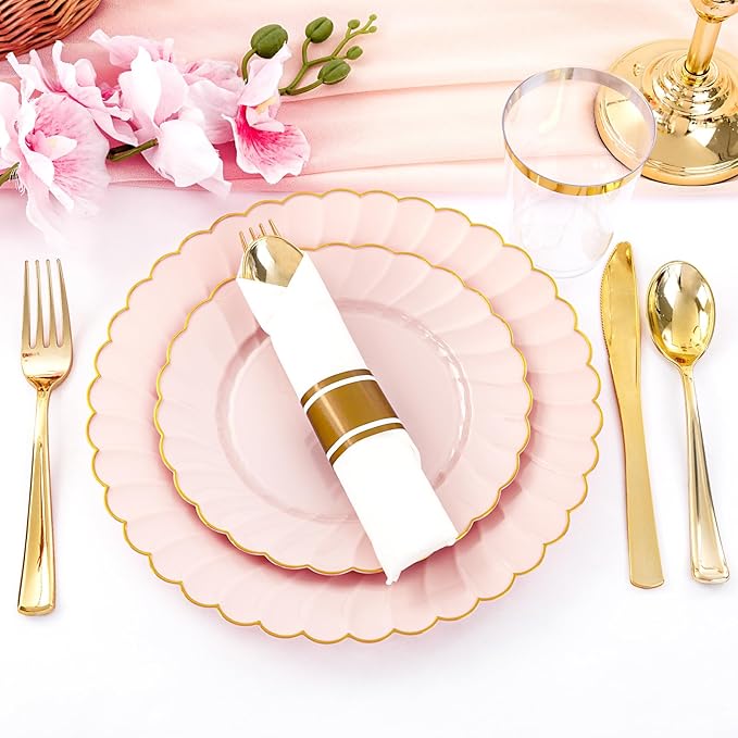 YOUBET 350PCS Pink Scalloped Plastic Plates - Pink and Gold Disposable Dinnerware Set Include 100 Plates, 150 Gold Silverware, 50 Cups, 50 Napkins for Wedding & Party