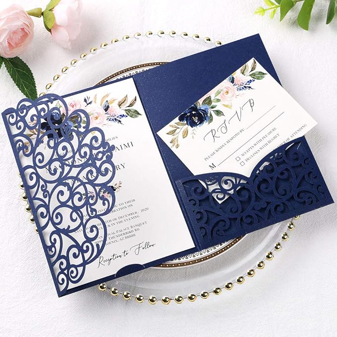PONATIA 5.12 x 7.2 Laser Cut Invitation Pocket, 20PCS Tri-Fold 5 x 7 Laser Cut Wedding Invitation Pockets with Envelopes for Wedding Bbay Shower Birthday Sweet 16 Invite (Navy Blue, No Inner Sheet)
