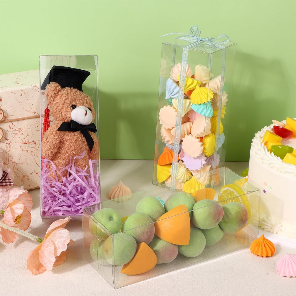 100 PCS Clear PET Plastic Storage Boxes Transparent Present Box Empty Containers Rectangle Cube Candy Chocolate Cookies Treat Case for Christmas,Wedding,Party,Baby Shower (100, 2.5x2.5x7 Inch)