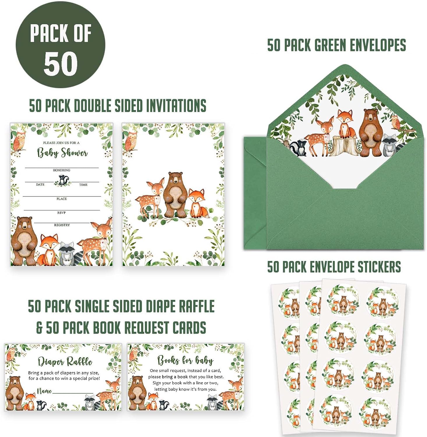Yuzioey 50 Woodland Baby Shower Invitations, Forest Woodland Greenery Invitations Macthing Envelpoes, Diaper Raffle Tickets, Book Request Cards, Forest Creatures Invitations