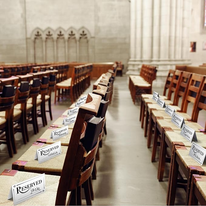 300 Pcs Paper Table Reserved Sign with Name Line Reserved Seating Signs Bulk Double Sided Signs for Reserving Seats Restaurant Wedding Reception Church Board Business Meeting (Silver Black)