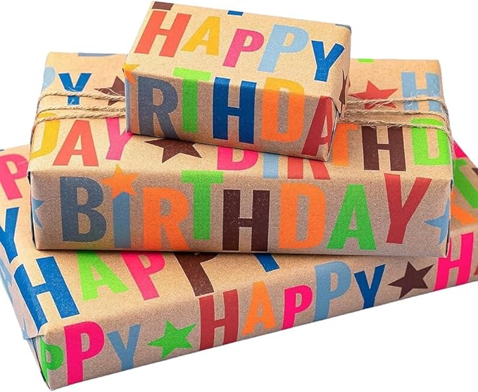 LaRibbons Birthday Wrapping Paper Roll for Kids, 17 Inch x 16.5 Feet Kraft Gift Wrap Paper with Colorful Text Happy Birthday Pattern for Boys Holiday Party