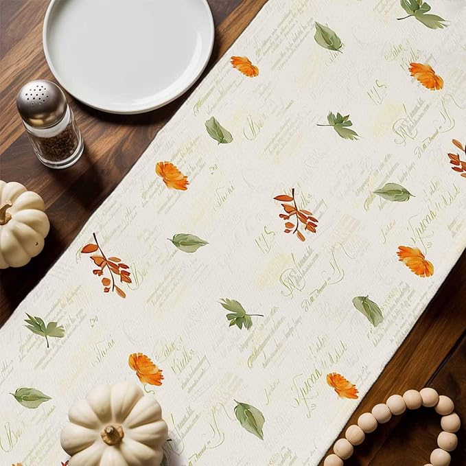 Fall Wildflowers Cotton Linen Table Runner for Dining Kitchen, Thanksgiving Pumpkin Outdoor Party Rustic Tablerunners Decoration, Botanical Floral Vintage Dresser Scarf Tablecloth Runners 13x72 Inches