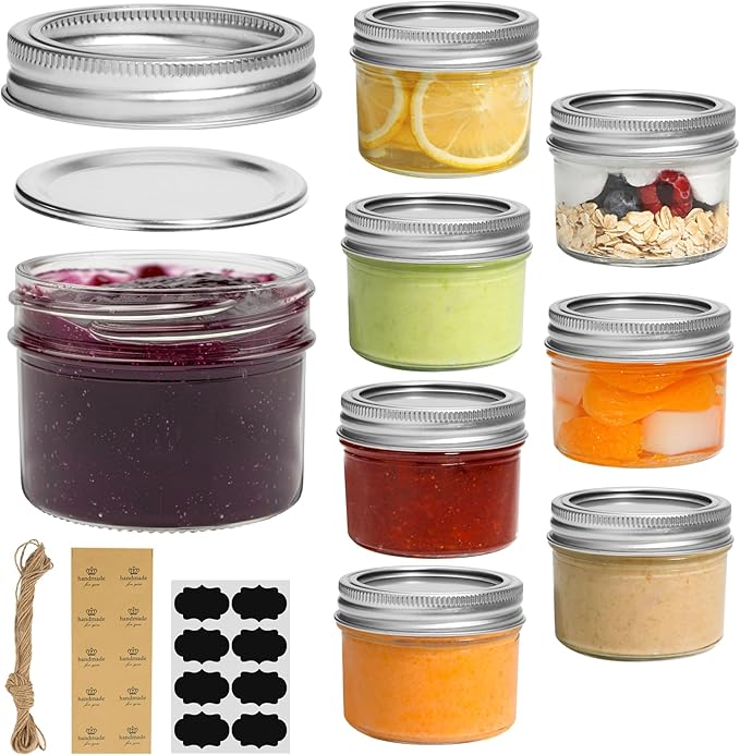ComSaf Mini Mason Jars 4oz - 8 Pack, Regular Mouth Mason Jar with Lids and Seal Bands, Small Glass Canning Jar for Spice, Jam, Honey, Jelly, Dessert, Shower Wedding Favors, DIY Candles Decor