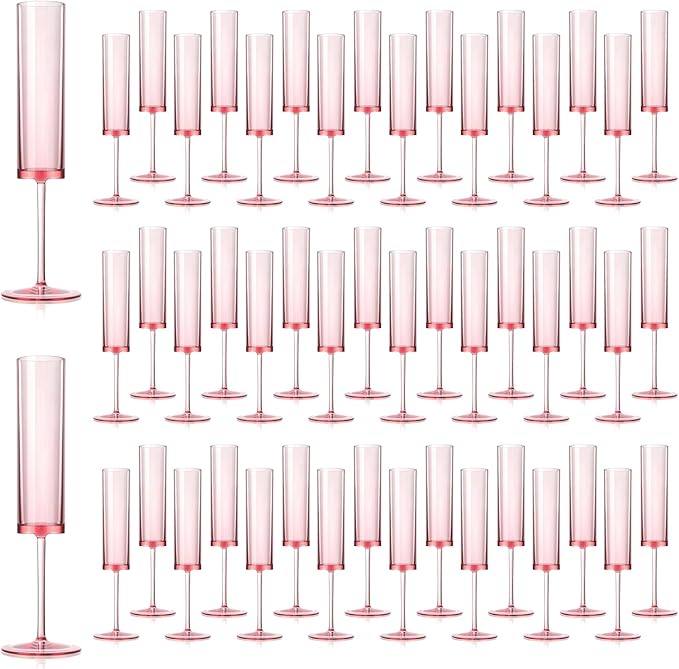 50 PCS Pink Champagne Flutes Plastic 5.4 OZ Clear Acrylic Champagne Flutes Sparkling Wine Glasses Wedding Table Decorations Reusable For Valentines Toasting Engagement Party Supplies (Pink, 50 Pack)