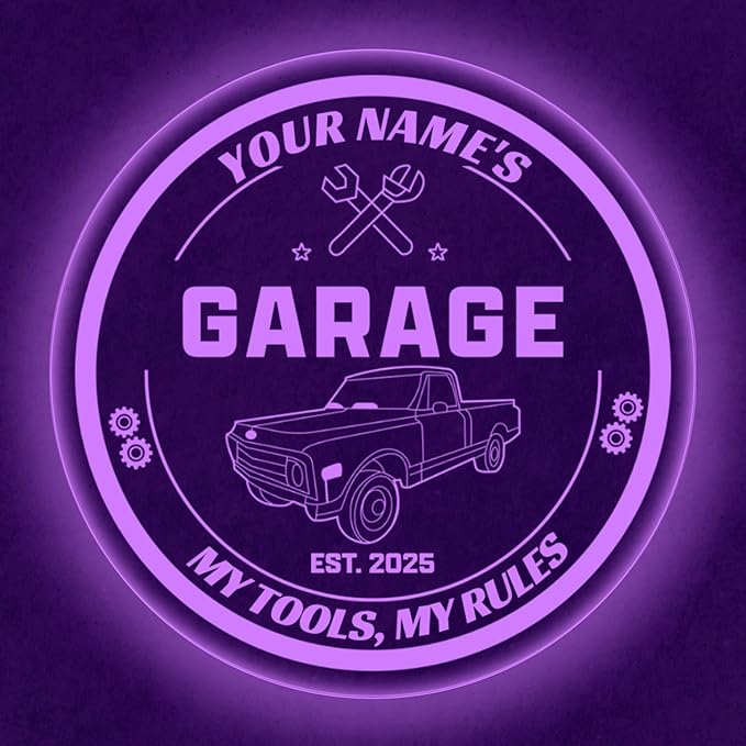Custom Pickup Truck Garage Sign – Personalized LED Color Changing Acrylic Wall Decor for Garage, Workshop, or Man Cave (Garage 1, 20 INCHES)