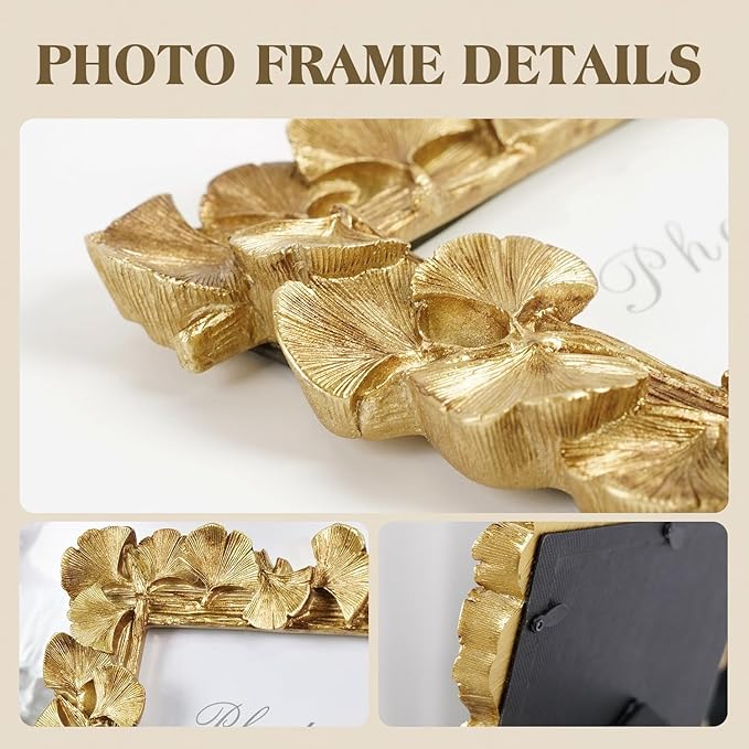 Cuspin Gold Picture Frame 4x6 Vintage Gold Frames, Ornate Leaf Textured Hand-Crafted Resin with Glass Front Antique Photo Frame for Tabletop Display, Retro Design Home Decor