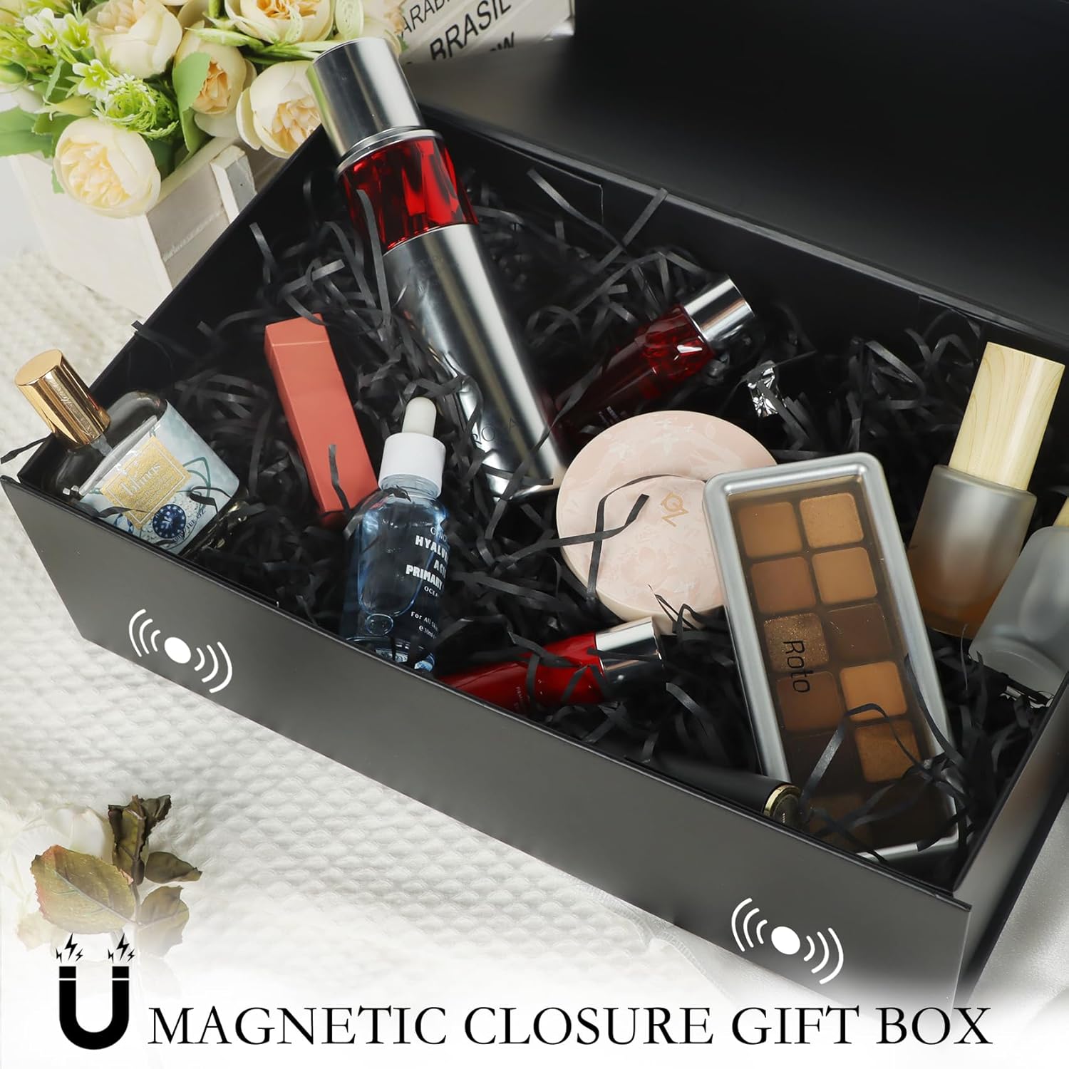 LFBOX Black Gift Box with Magnetic Lids 1 Pack | Large Bridesmaid Groomsman Proposal Boxes,13.8x8.3x4.4 in, Collapsible Rectangle Storage Box