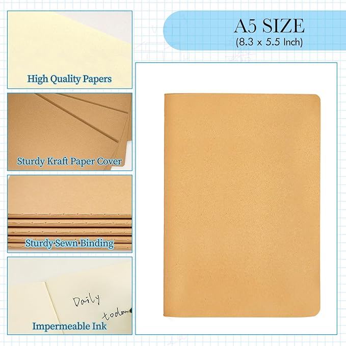 100 Pack Notebooks Bulk, Journaling Kraft Notebooks 5.5 x 8.3 A5 Softcover Notebook for Travelers Students Office Writing Sketch Travel Journal Notepad with 72 Pages 36 Sheets (Brown-Unlined)