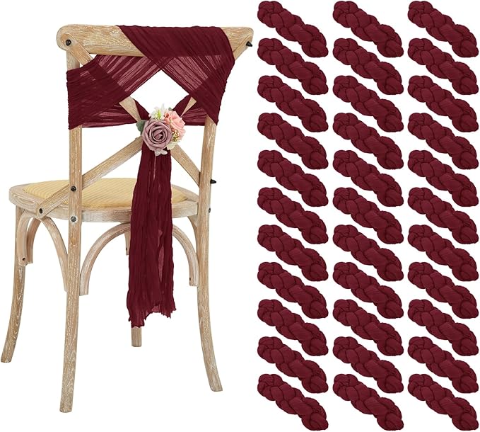 50 PCS Cheesecloth Chair Sashes Bows Wedding Aisle Decorations Chair Ribbon Ties Back Sash for Wedding Party Events Banquet Chair Cover Decoration (Burgundy)