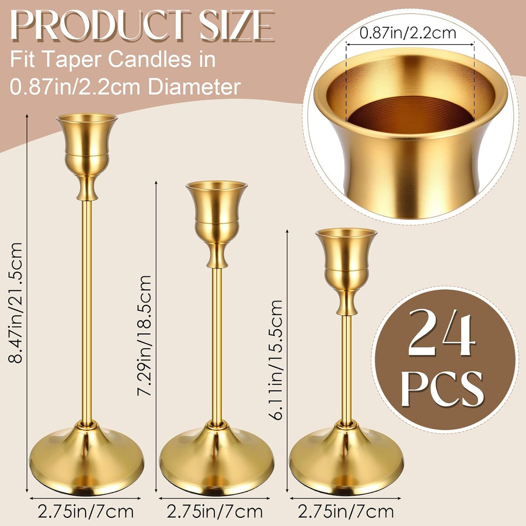 24PCS Brass Gold Taper Candle Holders Set, Vintage Metal Candlestick Holders for Table Centerpiece, Wedding Reception, Festive Christmas Mantel Decoration Gold