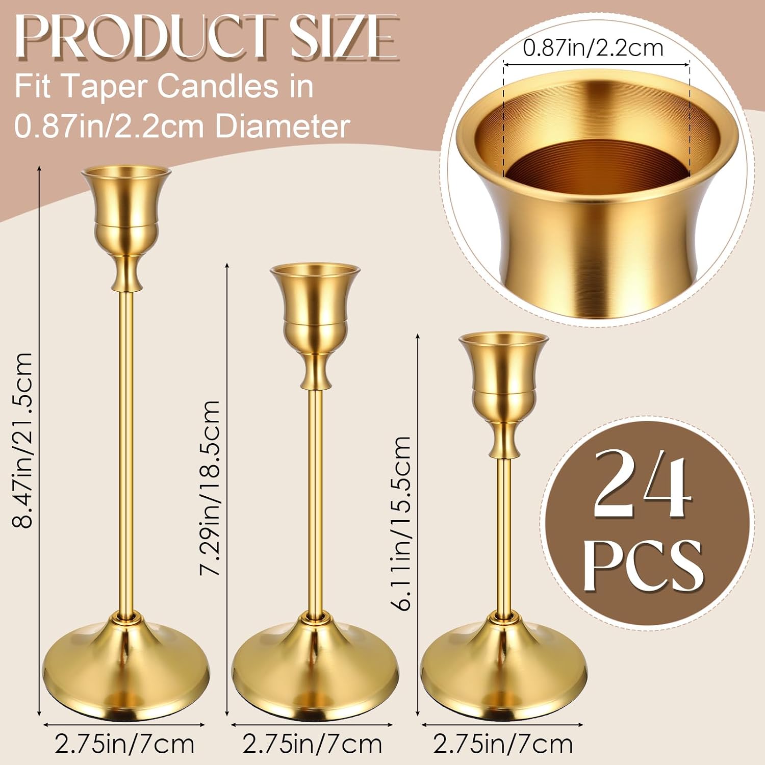 24PCS Brass Gold Taper Candle Holders Set, Vintage Metal Candlestick Holders for Table Centerpiece, Wedding Reception, Festive Christmas Mantel Decoration Gold