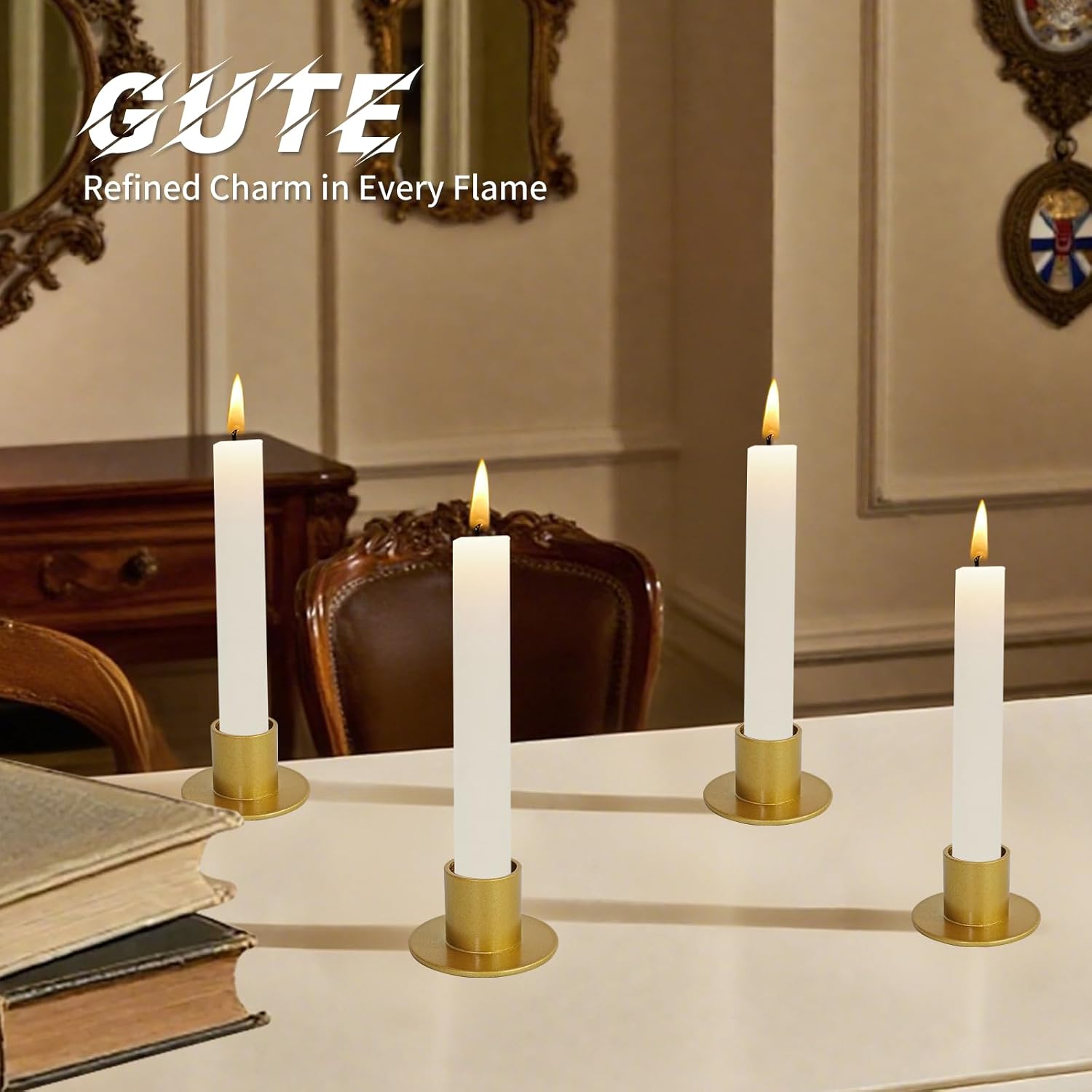 Gute Taper Candle Holder, Candle Holders for Pillar Candles, Matte Gold Candlestick Holder Centerpieces for Home Decoration, Wedding Anniversary, Party, Housewarming Gifts,Set of 8,Round