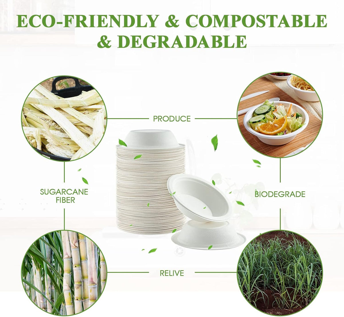 Vplus 200 Pack 16 OZ Compostable Paper Bowls, Bagasse Bowls，White