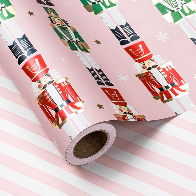 LeZakaa Christmas Pink Wrapping Paper Mini Roll for Kids, Pink Metallic Foil Gift Wrap Paper with Red & Green Nutcracker Soldier & Stripe Reversible Design, 17 inches x 32.8 Feet