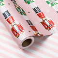 LeZakaa Christmas Pink Wrapping Paper Mini Roll for Kids, Pink Metallic Foil Gift Wrap Paper with Red & Green Nutcracker Soldier & Stripe Reversible Design, 17 inches x 32.8 Feet