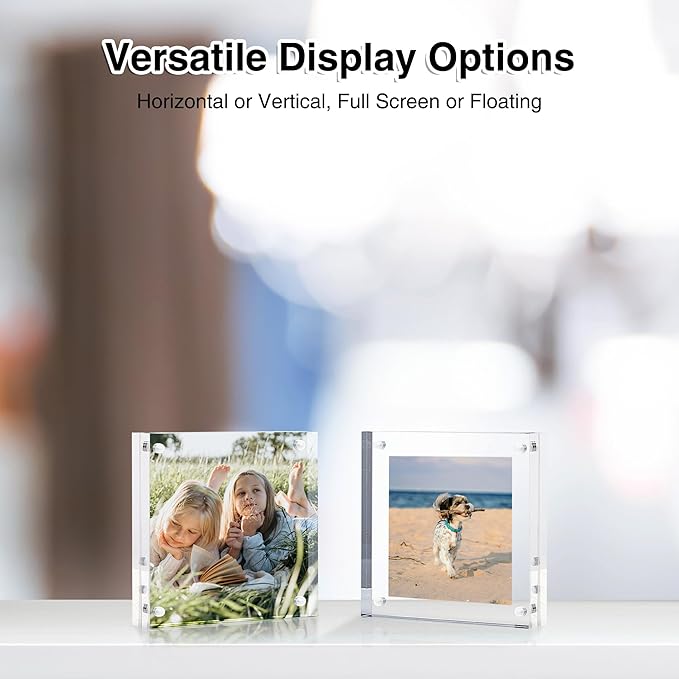 HOUSE DAY Acrylic Picture Frames 4x4, 6 Pack Magnetic 4 x 4 Picture Frame, Double Sided Clear 4x 4 Photo Frame with Microfiber Cloth, Frameless FreeStanding 4x4 Frame Gift for Desktop Display