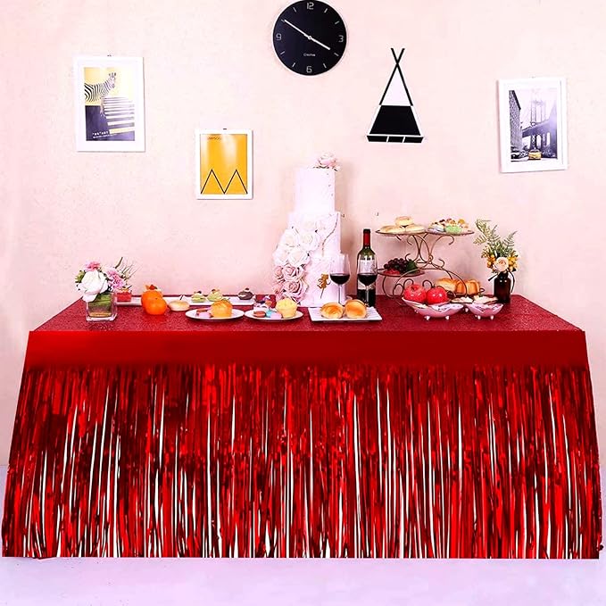 4 Pack 29x108 Inch Metallic Foil Fringe Tinsel Table Skirts for Rectangle Tables Streamer Backdrop for Wedding, Birthday, Parade Floats, Christmas, Halloween Party Decoration(Red)