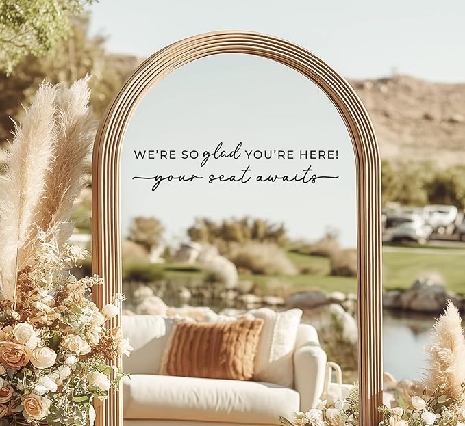 Wedding Sign Decal, Seating Chart Decal, Welcome Vinyl Wedding Mirror Decor, We're So Glad You're Here Seating Chart, Your Seat Awaits (Black, Width 20 inch)