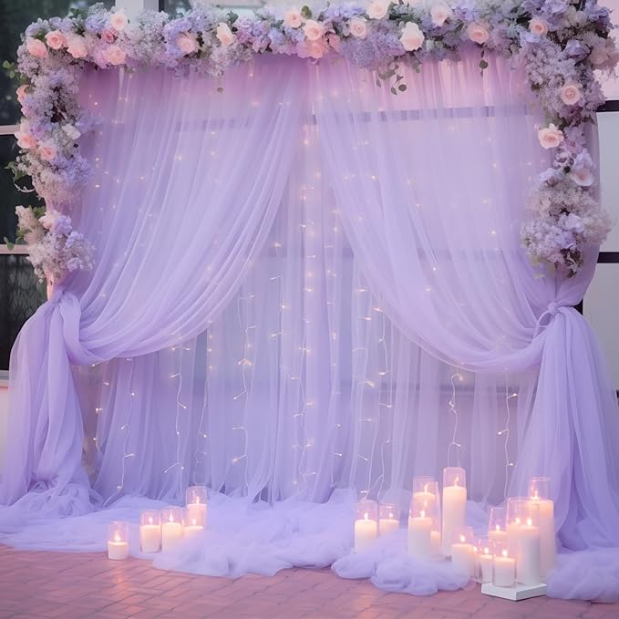30×10ft Purple Tulle Backdrop Curtain with Lights String for Parties, Sheer Photo Backdrop Curtains for Wedding Party Photography Background