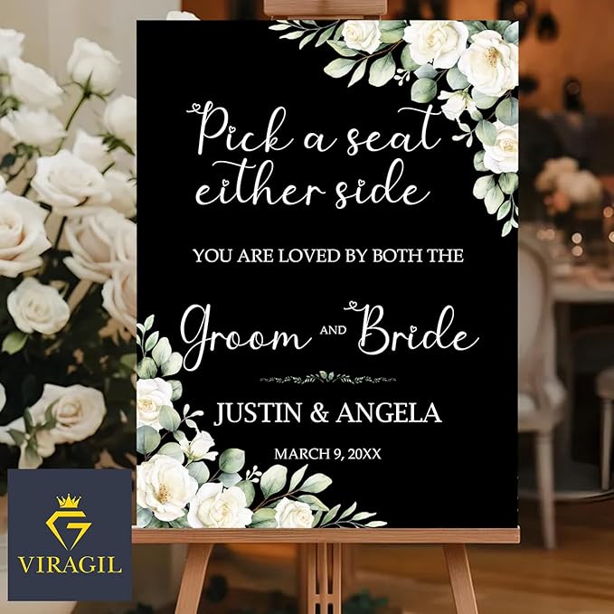 Pick a Seat Either Side Wedding Yard Sign – Custom Floral White Green Ceremony Sign – Acrylic or Corrugated Board