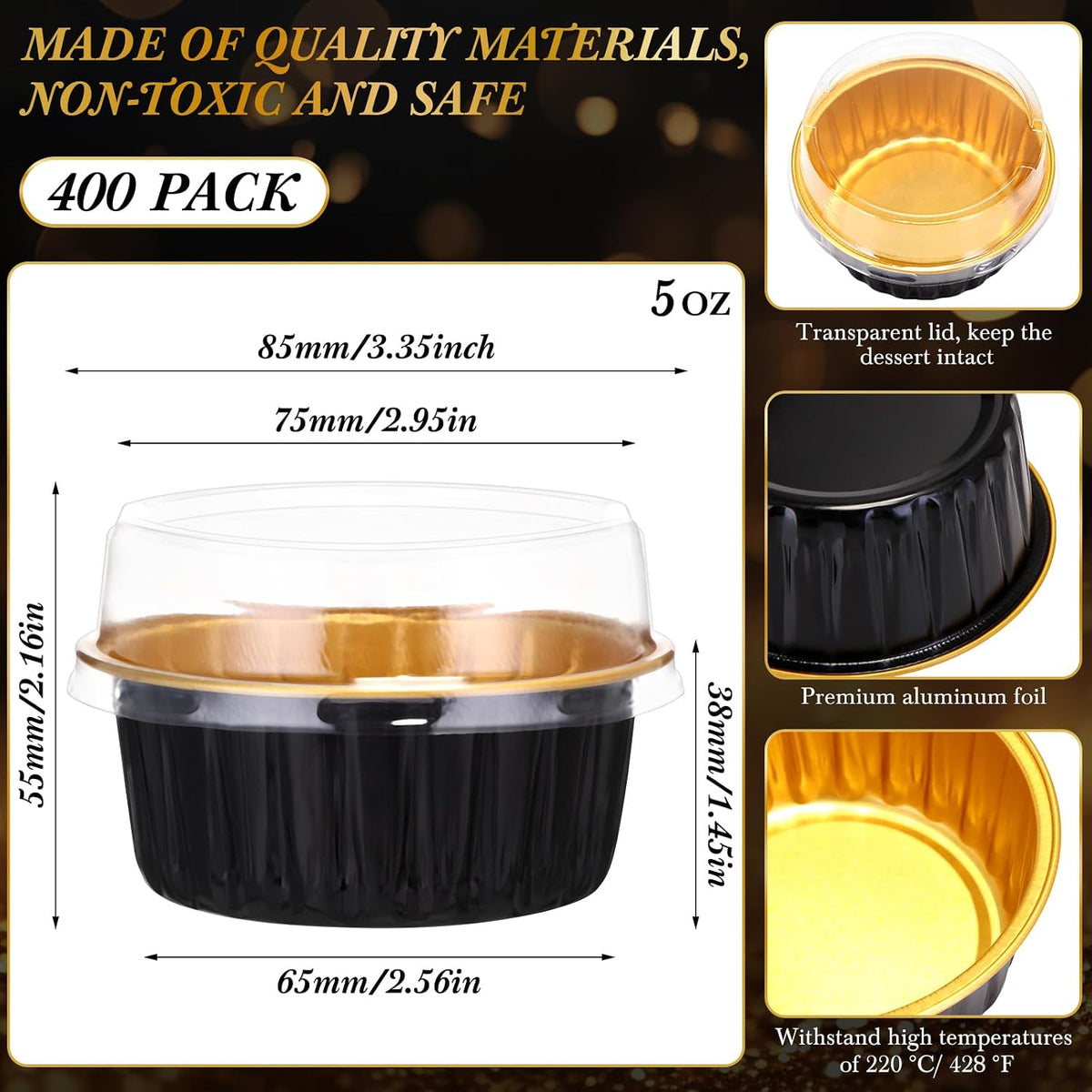 Gejoy 400 Pcs Aluminum Foil Baking Cups with Lids, Classic, Black, Gold
