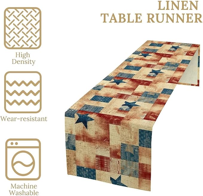 4th of July Table Runner, Rustic Vintage Country Red White Blue American Stars Independence Day Print Table Cover for Farmhouse Kitchen Dining Table Decor, 13x90inch
