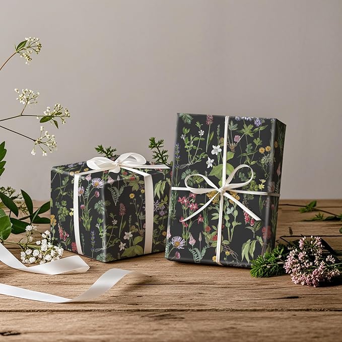 RUSPEPA Wild Flower Wrapping Paper Roll for Women Girls, Mini Roll, Elegant Black Floral Design Gift Wrap Paper Perfect for Birthday, Bridal Shower, Spring, Wedding, Mother's Day, 17 Inch x 16.4 Feet