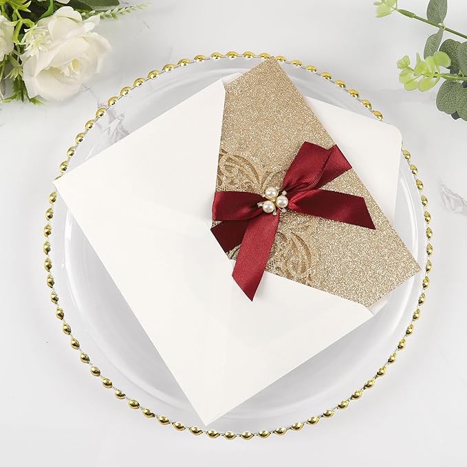 25pcs Gold Glitter Laser Cut Invitations Tri-Fold Blank Personalized Wedding Invitations Pocket With Envelopes and Rsvp Cards for Wedding Bridal Shower Quinceanera 15 Anos Invite