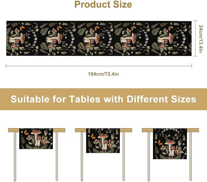 Mushroom Kitchen Table Runner, Boho Vintage Wild Flower Gothic Witchy Moonlit Forest Plant Table Runner for Bedroom Living Room Kitchen Dinner Table, 13x120 Inch