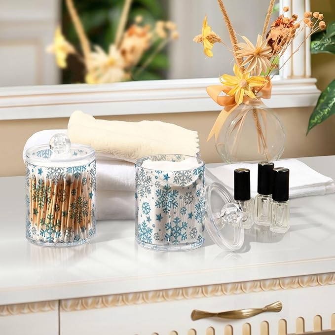 Gredecor Christmas Winter Qtip Holder Dispenser 2 Pack Silver Blue Glitter Snowflakes Bathroom Decorative Storage Canister Holder Counter Vanity Organizer for Cotton Ball Swabs Pads Floss