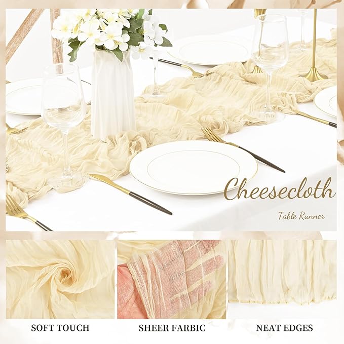 10FT 20 Pack Beige Cheesecloth Table Runner 20 x 120 Inch Long Rustic Gauze Fabric Cheese Cloth Table Runner for Wedding Bridal Baby Shower Table Decorations Boho Sheer Birthday Party Table Decor