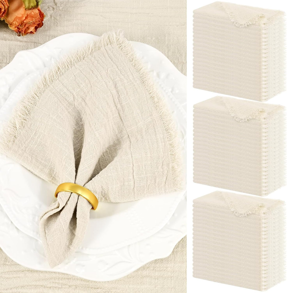 Showgeous 60 Pack Natural Cloth Napkins with Fringe, 16x16 inch 100% Cotton
