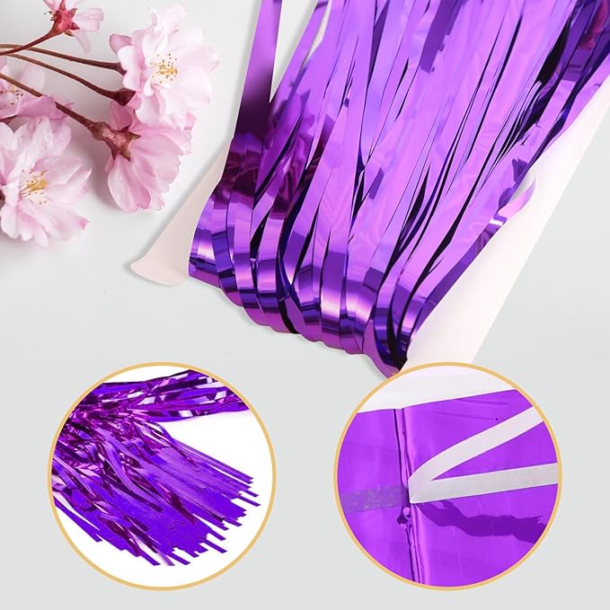 10 Pack Purple Foil Curtain Backdrop 3.2ft x 9.8ft Black Metallic Tinsel Foil Fringe Curtains Streamer Photo Booth Backdrop for Birthday Party Engagement Bachelorette Party Decorations (Purple)