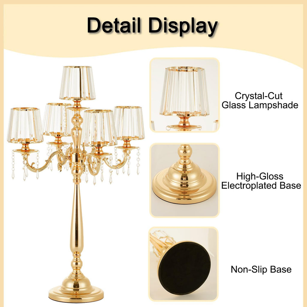 5 Arms Crystal Gold Candelabra Centerpiece | 33 Inch Tall Candle Holder with Glass Shade,Table Decor for Wedding Anniversary Dinner Party Home Gift